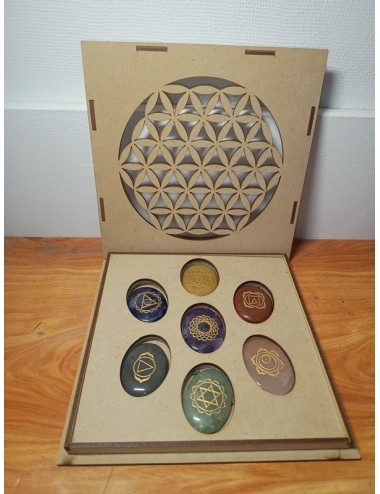 Set 7 Pierres Chakras Gravées + Coffret Fleur de Vie | Lithothérapie